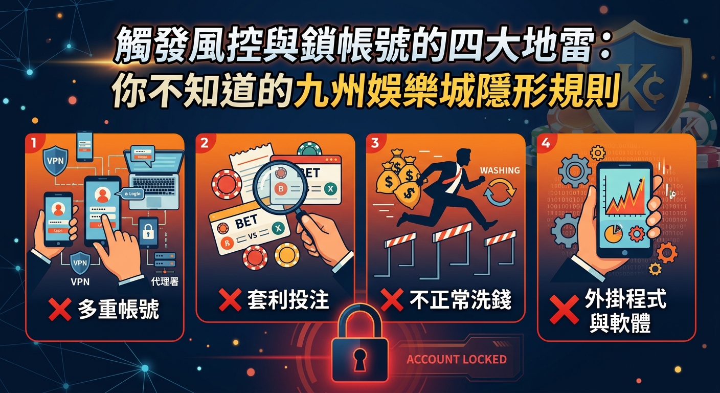 一張包含「觸發風控與鎖帳號的四大地雷」主題的深色科技感資訊圖表,上方印有清晰繁體中文標題。 畫面分為四個圖示區塊,分別呈現多重帳號、套利投注、洗錢疑慮與外掛軟體等誘發鎖號的隱形規則。